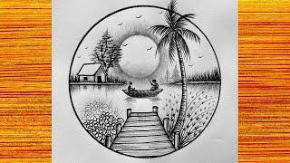 How to drawing wonderful sunsets scenery in circle || Sunset scenery drawing tutorials.