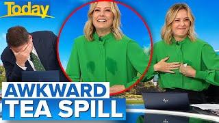 Ally’s unfortunate tea spill has TV studio in stitches | Today Show Australia