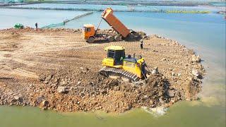 Amazing! Dump Trucks Unloading Soil, Bulldozer Pushing Soil Cut Water To Make A Road