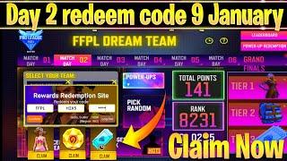 Day 2 Redeem Code free fire |FFPL Dream Team Day 2 redeem code 9 January|9 January day 2 redeem code