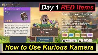 Five Flushes of Fortune Day 1 Photo Subject Red Items - How to use Kurious Kamera in Genshin Impact