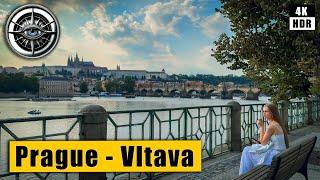 Prague Vltava River Promenade - Sunset Walking Tour 4k  Czech Republic HDR