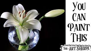 White lily in a glass vase Acrylic painting tutorial step by step Live Streaming | TheArtSherpa