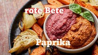 2 schnelle vegane Dips zum selber machen - rote Bete und geröstete Paprika - Aufstrich Rezept