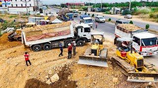 GREAT start new project Land fill by Expertly Driver BullDozers Skill & Dump Trucks Dumping soilrock