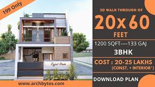 20x60 Feet Modern House Design 3D: 3 Bedrooms, 3 Bathrooms, Single Storey, Terrace Garden -1200 Sqft