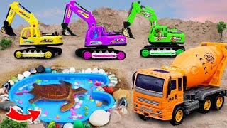 Car toy JCB - Tractor, Excavator, Crane, Concrete mixer, dump truck making  turtle pond Toy for kids