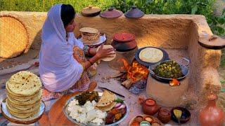 SATVIK THALI BHOJAN : Cooking Desi CHANA SAAG with Handi Daal at village Home Il DESI BHOJAN lI