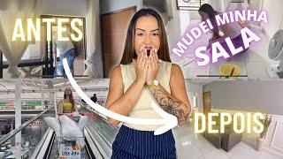 FIZ UMA MINI REFORMA NA MINHA SALA | Comprei um sofá e um rack novo | Tour pela minha sala!!