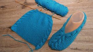 Лазурные следки спицами с объёмной косой  Azure slippers knitting pattern