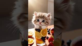 Adorable Fluffy Kitten Chilling in a Fruit Filled Glass! #CuteKitten #FluffyKitten #FruitChallenge