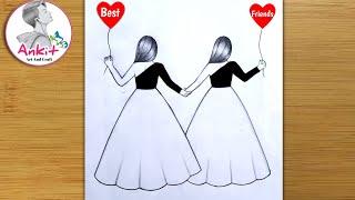 Best friend pencil sketch - step by step /very easy/how to draw friendship day drawing /bff drawing