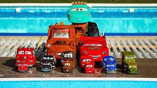 Disney Pixar Cars falling into deep pool, Lightning McQueen, Tow Mater, Mack, Sally, Francesco