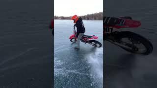 Thin ice burnout on a dirt bike