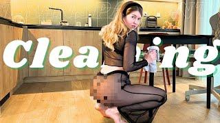 Cleaning Table in Transparent Black Home Suit & Try-On Haul