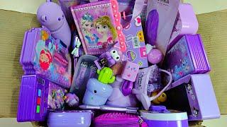 cute purple stationery items, pencil box, colour kit, pencil sharpener, notebook, eraser, toy, pen