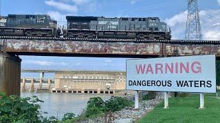 6 Trains Crossing LONG Vertical Lift Bridge Next To Huge Dam & "Dangerous Waters" Of Tennessee River