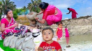 Unseen Village Life - Daily Morning Routine In Monsoon। Cooking Village Food Fish Curry In Mud Over