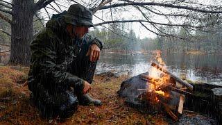 Solo Camping in Heavy Rain - Campfire Fajitas Mukbang