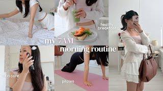 7AM productive morning routine before work  home pilates, Korean skin care, self care, grwm