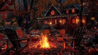 Cozy Autumn Haunted Porch Halloween Ambience | Crackling Fire pumpkin, Nature Sounds, & White Noise