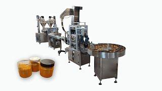 Filling line for packing powders into jars with pre-cut aluminium foil sealing and capping