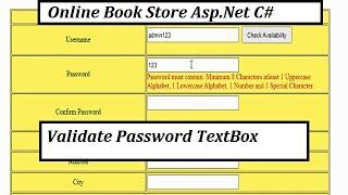 Part 4 Validate Password with RegularExpression Validator Control Online Book Store with Asp.Net C#
