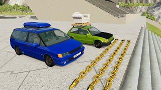 Cars vs Golden Chains – BeamNG.Drive Crazy Vehicle Stairs Jumps Down With Giant Chain