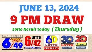 Lotto Result Today 9pm draw June 13, 2024 6/49 6/42 6D Swertres Ez2 PCSO#lotto