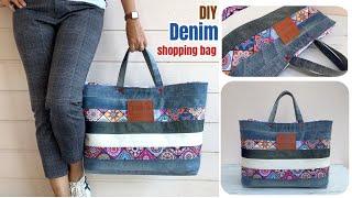 Transform old jeans into a shopping bag tutorial, Sewing diy denim tote bag from scrap old jeans