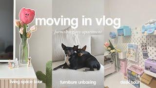 apartment vlog | furnishing my apartment, furniture unboxing, desk tour + furnished living space  