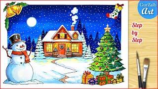 How To Draw Christmas Drawing / Winter scenery Painting / step by step for beginners