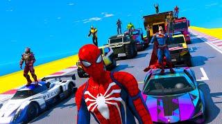 GTA 5 Test Drive: Superheroes & Various Cars on a Stunt Course from Mount Chiliad to the Lake!