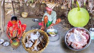 LAUKI RECIPE with MUTTON FAT and wild mashroom curry cooking & eating by santali old tribe couple