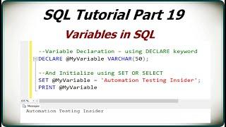 SQL Tutorial Part 19 | SQL Variables: Basics and Usage | DECLARE Statement | Use of @ symbol