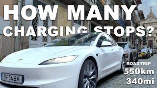 How many charging stops TESLA Model 3 (2024) SR for a 550km (340mi) trip? + 6 Month Ownership update