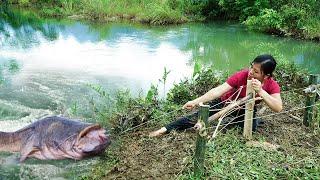 Accidentally catching a big fish. the girl reported her filial piety to her old father.