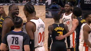 Isaiah Stewart shoves Dennis Schroder while Draymond has words with Ron Holland 