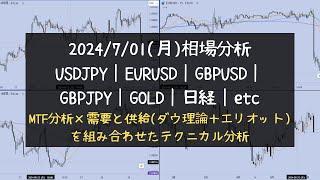 【FXトレード：相場分析：2024/7/01 月曜日】 USDJPY/EURUSD/GBPUSD 等「■ダウ理論■エリオット波動■MTF分析」がベースの「押し目買い戻り売り手法」