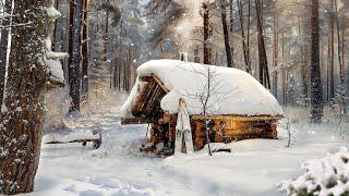 I hid from the SLEET in a HERMIT'S HUT. Night blizzard and frost in COZY LOG CABIN
