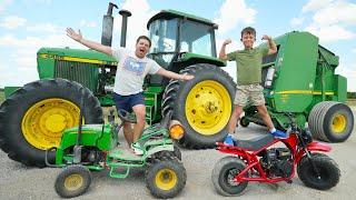 Moving Hay and Driving Kids Motorcycle on the Farm | Tractors for kids