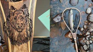 Custom Flyfishing landing net with a man's dog burnt into the handle