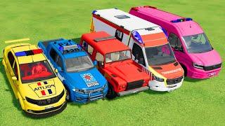 TRANSPORTING POLICE CARS, AMBULANCE, FIRE DEPARTMENT VEHICLES WITH TRUCKS ! Farming Simulator 22