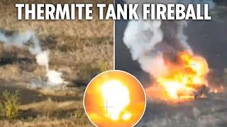 Dragon drone spews molten thermite on Russian tank in explosive Ukraine frontline combat