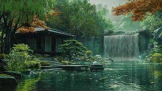 Zen Garden On Rainy Day  Heavy Rain And Waterfall Sounds For Relaxing - Deep Sleep Ambience