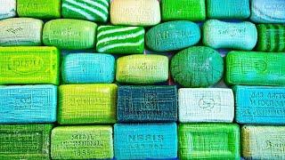 Very satisfying video ASMR.  Green soap CUBES. Relaxing sounds, no talking. Cutting soap.