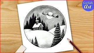 Christmas scenery drawing with pencil shading -Easy Christmas art