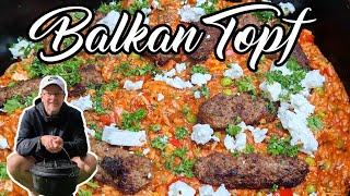 "Balkan Topf" aus dem Dutch Oven - mit Cevapcici , Gyros, Feta, Djuvec-Reis - Mega Dutch Oven Rezept