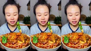 ASMR Chinese Food Eating Spicy Noodle Soups Mixed With Chicken Legs, Fried Sausage Mukbang #food