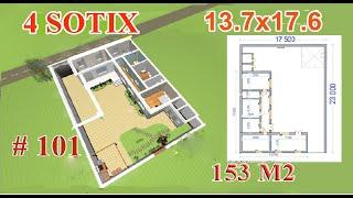 4 Sotix yerga 17.60x13.70 4xonali zamonaviy uy loyihasi,